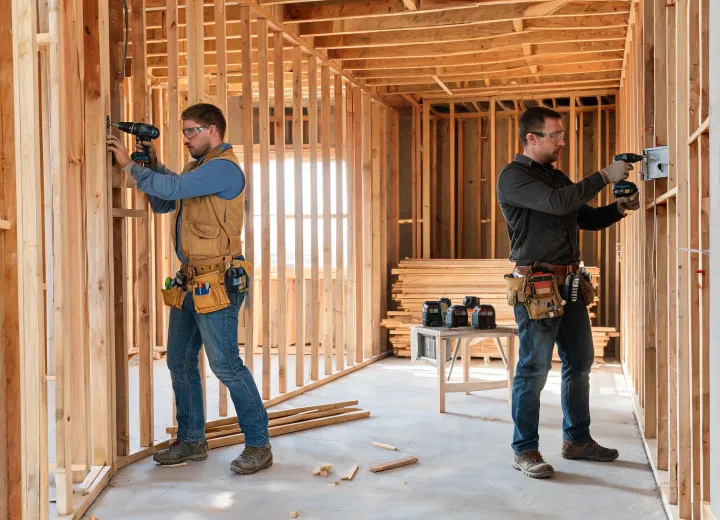 Interior construction crew using cordless drills
